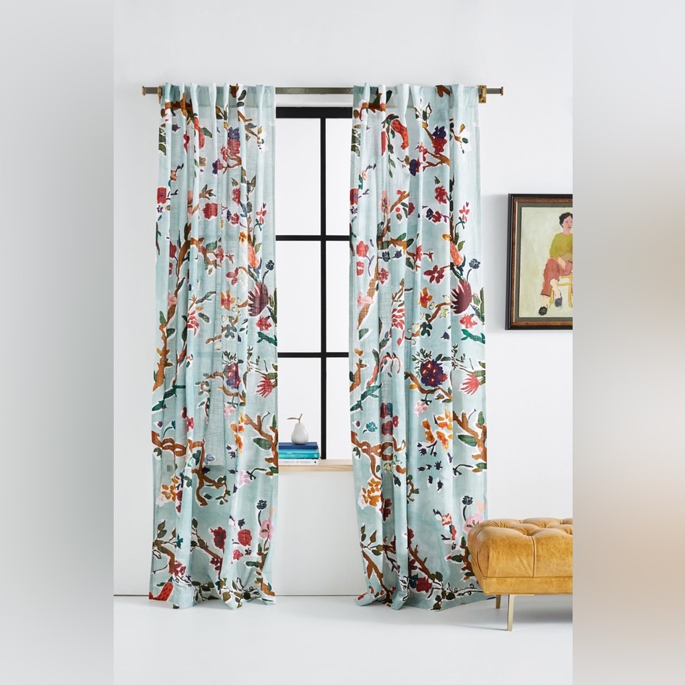 Anthropologie Light Blue Floral Curtain Panels
